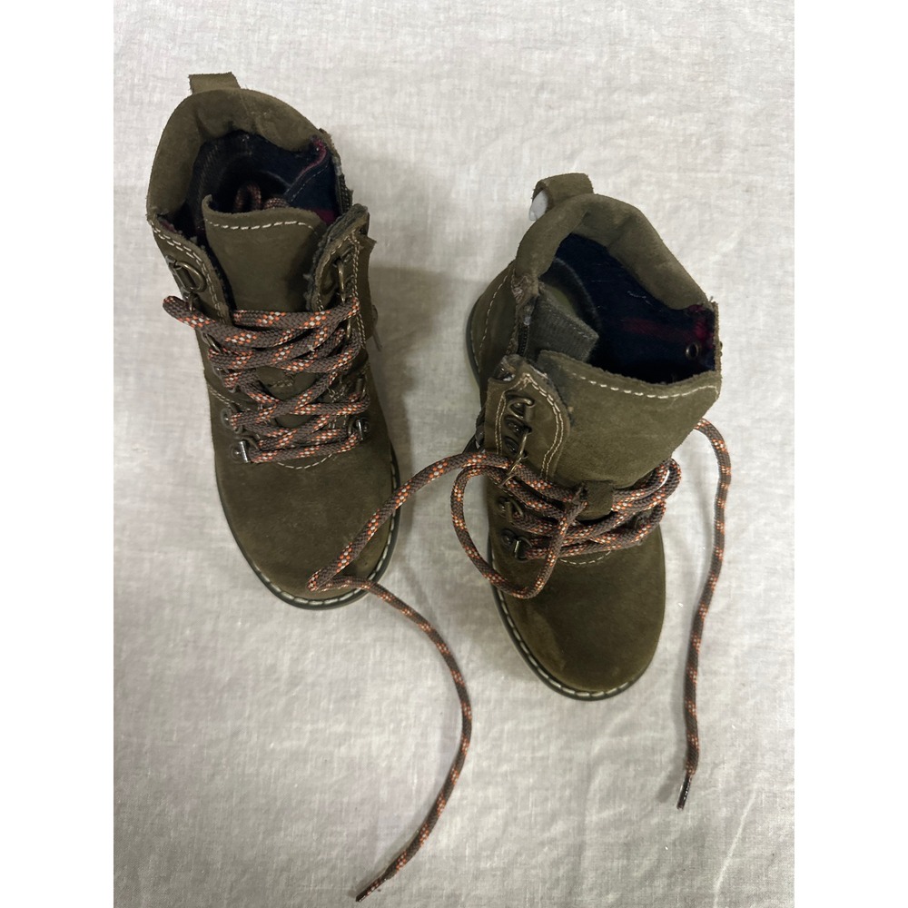Zara Kids 10 Olive Green Suede Lace Up Side Zip Plaid Lined Boots EU 27 5125/003